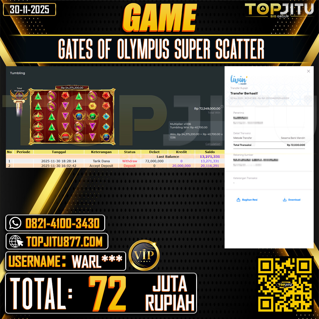     TOPJITU JACKPOT SLOT GATES OF OLYMPUS SUPER SCATTER  Rp.72.000.000 ,- LUNAS USER ID: WARL***