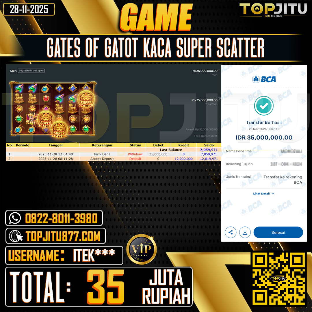     TOPJITU JACKPOT SLOT GATES OF GATOT KACA SUPER SCATTER  Rp.35.000.000 ,- LUNAS USER ID: ITEK***