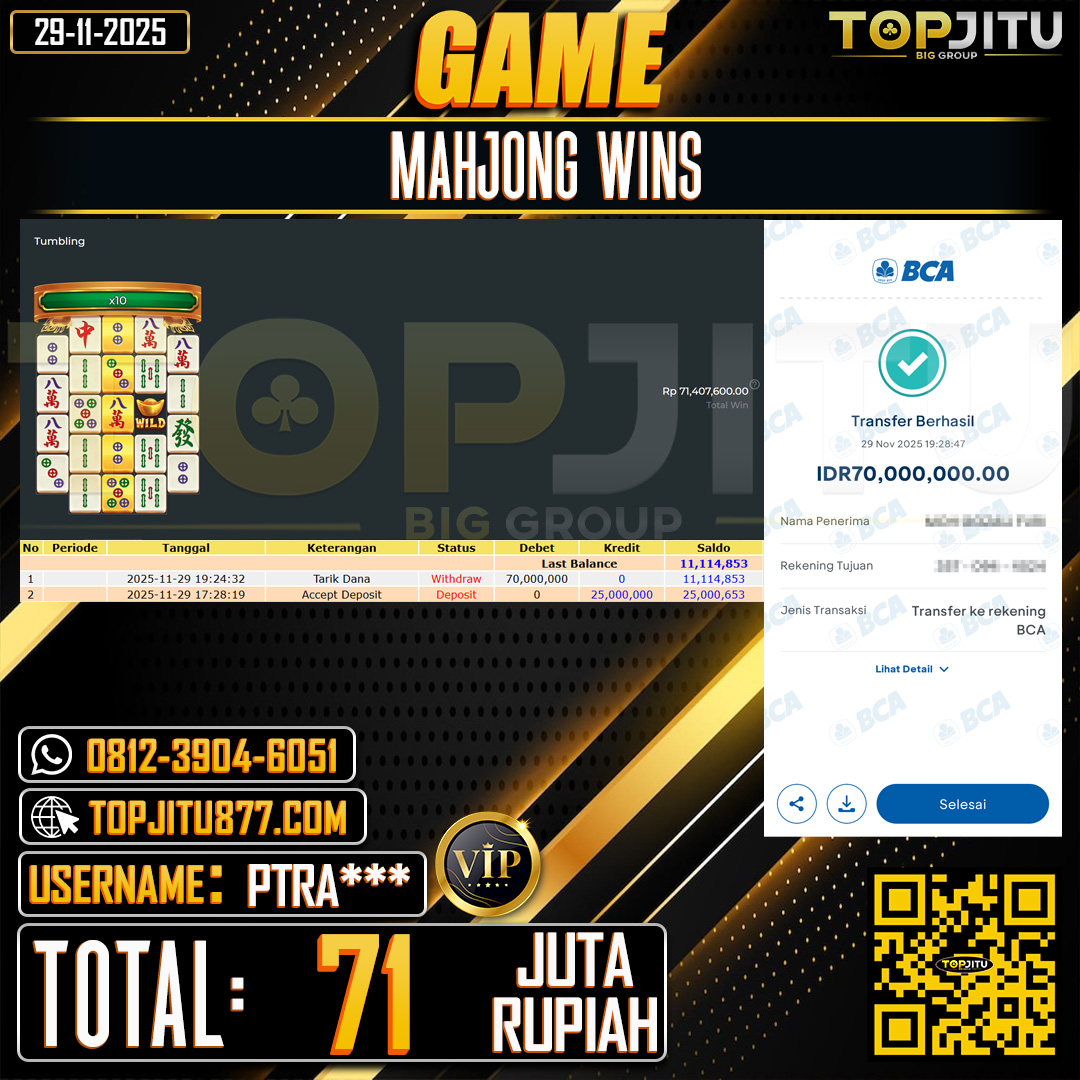     TOPJITU JACKPOT SLOT MAHJONG WINS Rp.71.000.000 ,- LUNAS USER ID: PTRA***