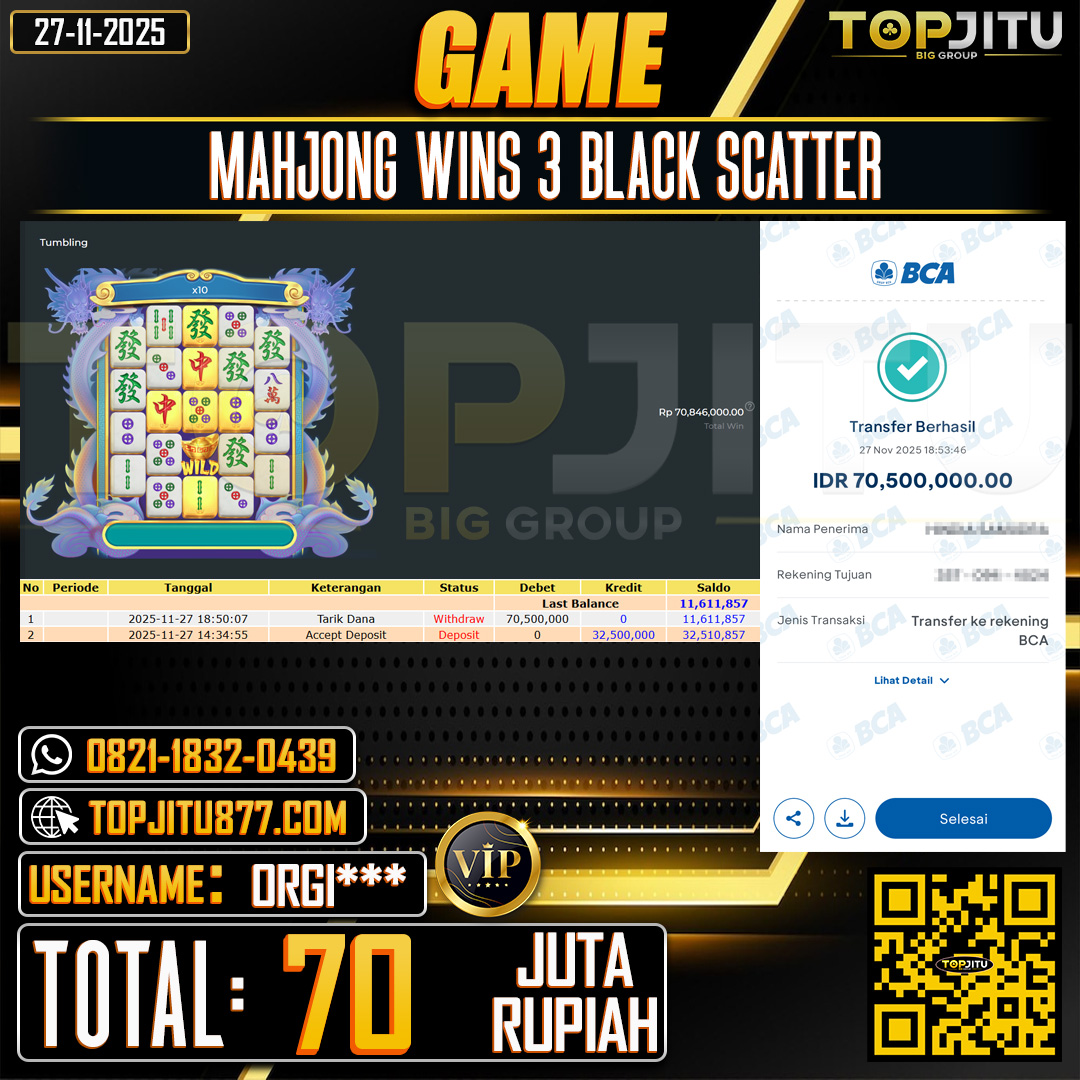     TOPJITU JACKPOT SLOT MAHJONG WINS 3 BLACK SCATTER Rp.70.000.000 ,- LUNAS USER ID: ORGI***