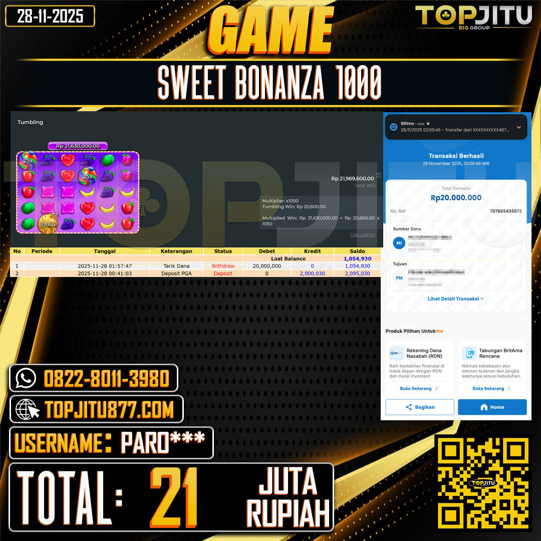     TOPJITU JACKPOT SLOT SWEET BONANZA 1000  Rp.21.000.000 ,- LUNAS USER ID: PARO***