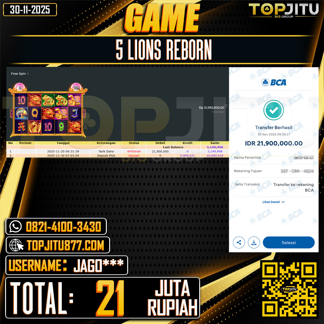     TOPJITU JACKPOT SLOT 5 LIONS REBORN Rp.21.000.000 ,- LUNAS USER ID: JAGO***