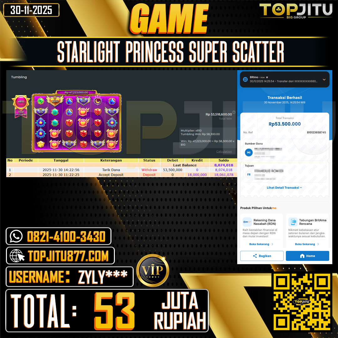     TOPJITU JACKPOT SLOT STARLIGHT PRINCESS SUPER SCATTER Rp.53.000.000 ,- LUNAS USER ID: ZYLY***