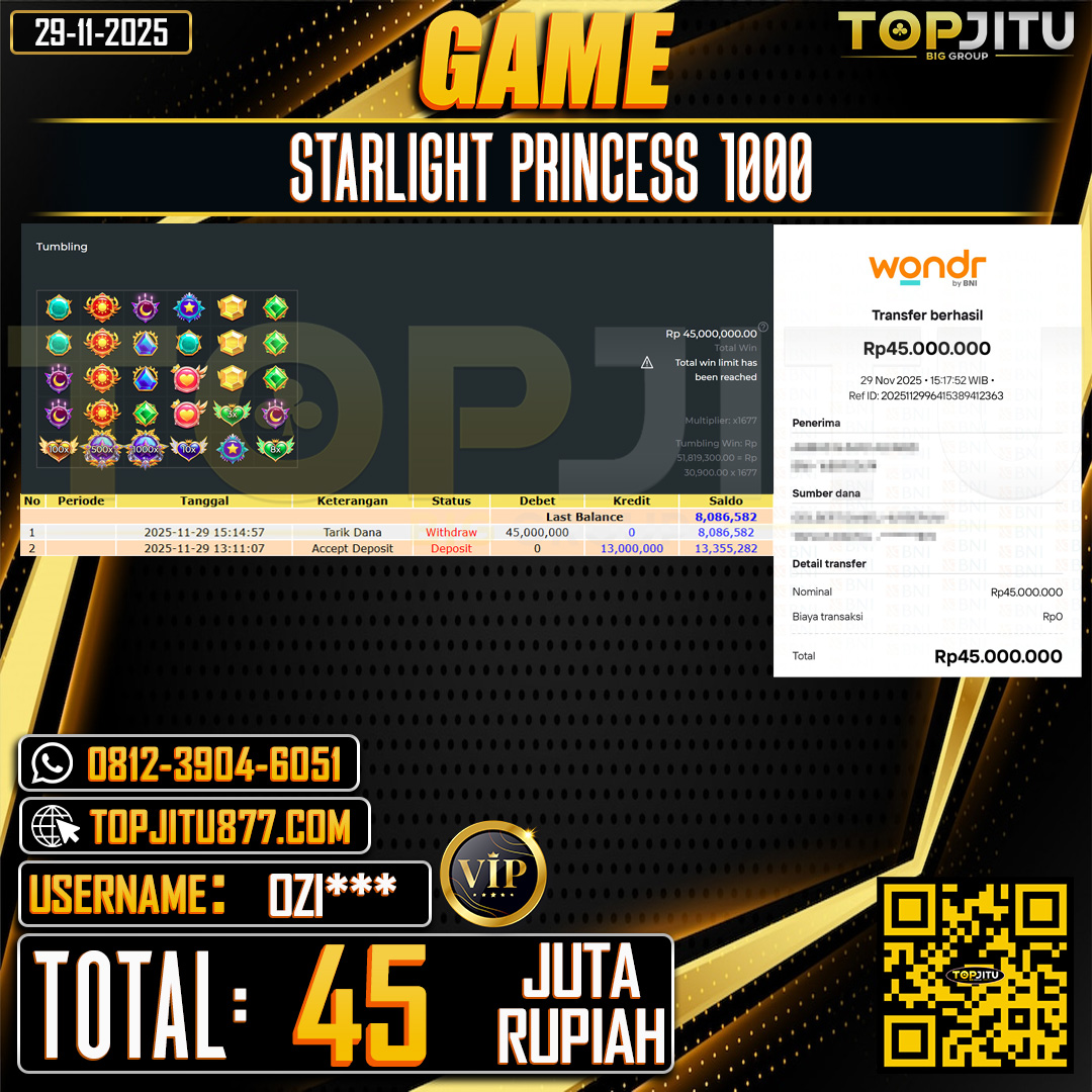     TOPJITU JACKPOT SLOT STARLIGHT PRINCESS 1000  Rp.45.000.000 ,- LUNAS USER ID: OZI***