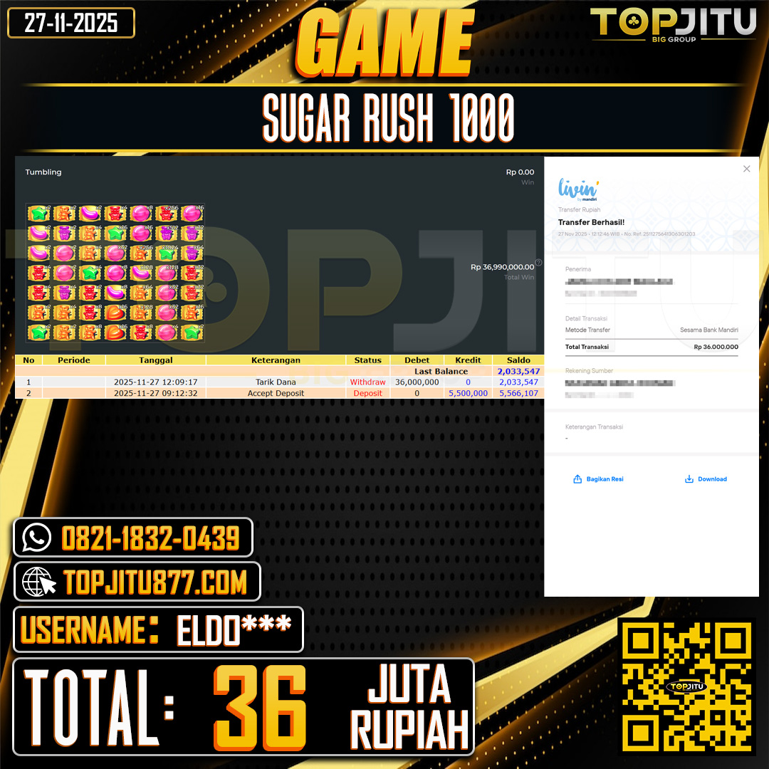     TOPJITU JACKPOT SLOT SUGAR RUSH 1000 Rp.36.000.000 ,- LUNAS USER ID: ELDO***