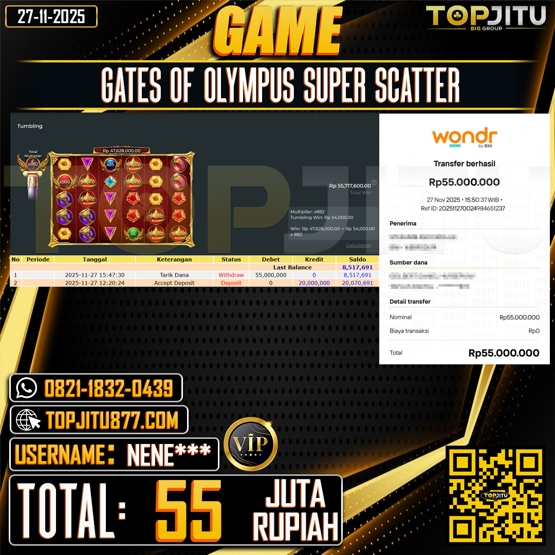     TOPJITU JACKPOT SLOT GATES OF OLYMPUS SUPER SCATTER Rp.55.000.000 ,- LUNAS USER ID: NENE***