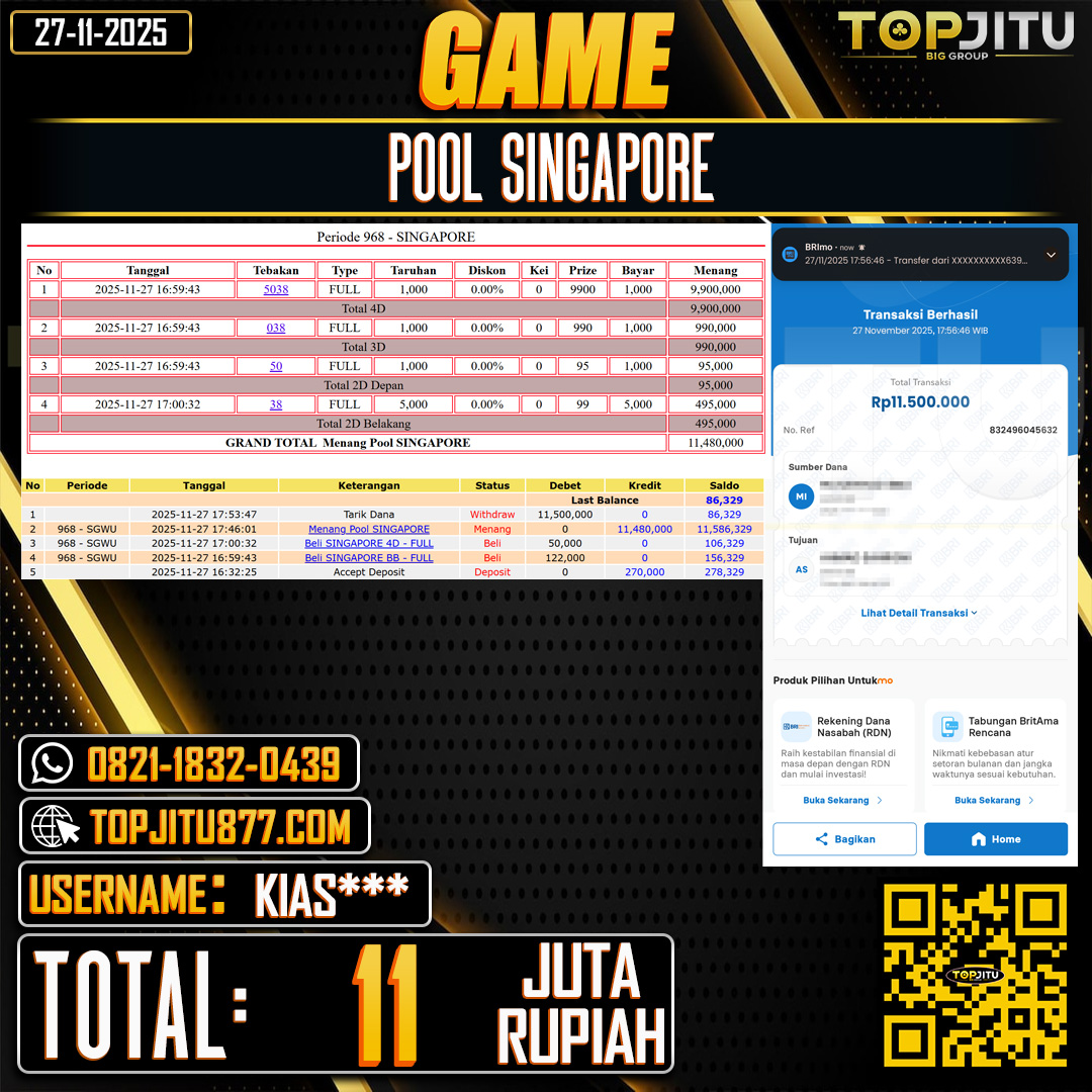     TOPJITU JACKPOT TOGEL PASARAN SINGAPORE Rp.11.000.000 ,- LUNAS USER ID: KIAS***
